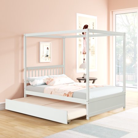 BTMWAY Full Size Canopy Bed with Trundle Included, Solid Wood Full Bed Frame with Headboard, No Box Spring Needed, White