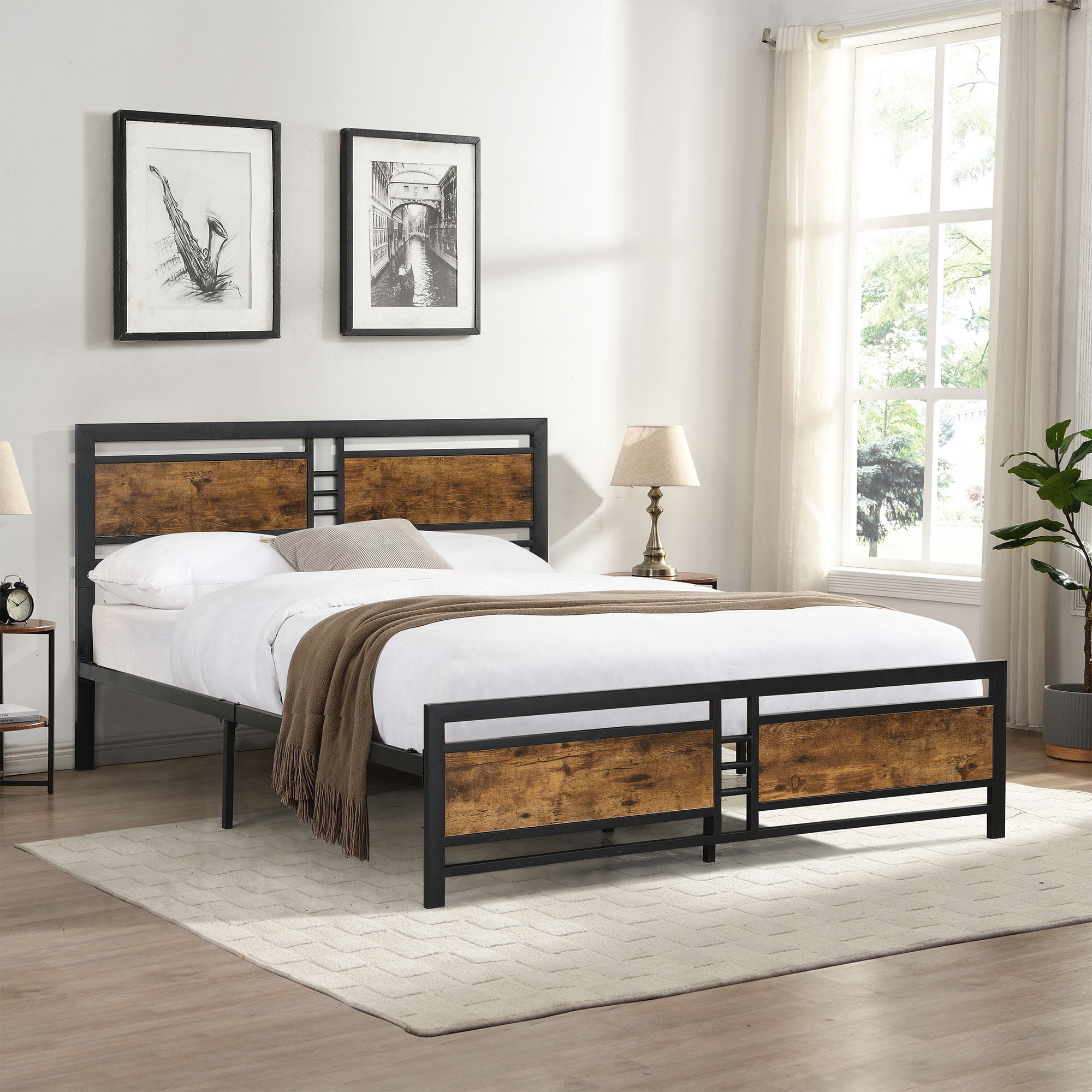 BTMWAY Full Size Metal Platform Bed Frame with Wooden Headboard and ...