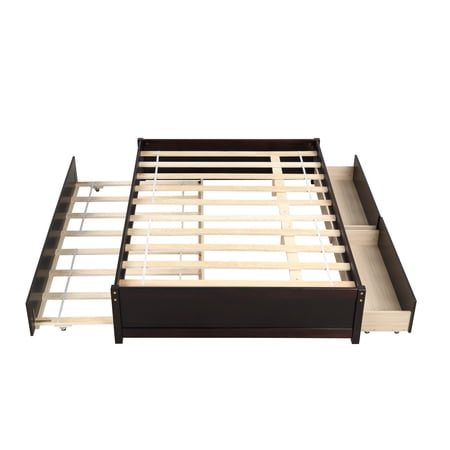 LegaHome Full Size Solid Wood Platform Bed Frame with Trundle and 2 Storage Drawers Included, No Box Spring Needed, Espresso