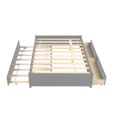 LegaHome Full Size Solid Wood Platform Bed Frame with Trundle and 2 Storage Drawers Included, No Box Spring Needed, Gray