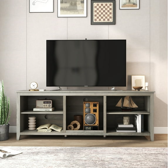 BTMWAY Gray TV Stand for 75 Inch TV, New Upgraded TV Console Table with Open Media Storage Shelves, TV Cabinet Television Table for Living Room Bedroom, Entertainment Center, 75.08''x15.35''x24.8''
