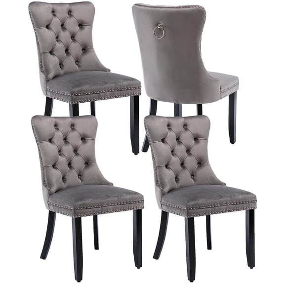 PAPROOS Dining Chairs Set of 4, Upholstered Velvet Dining Chair with Nailhead Trim and Solid Wood Legs, Tufted Button Padded Dining Chairs Set for Kitchen Dining Room, Gray