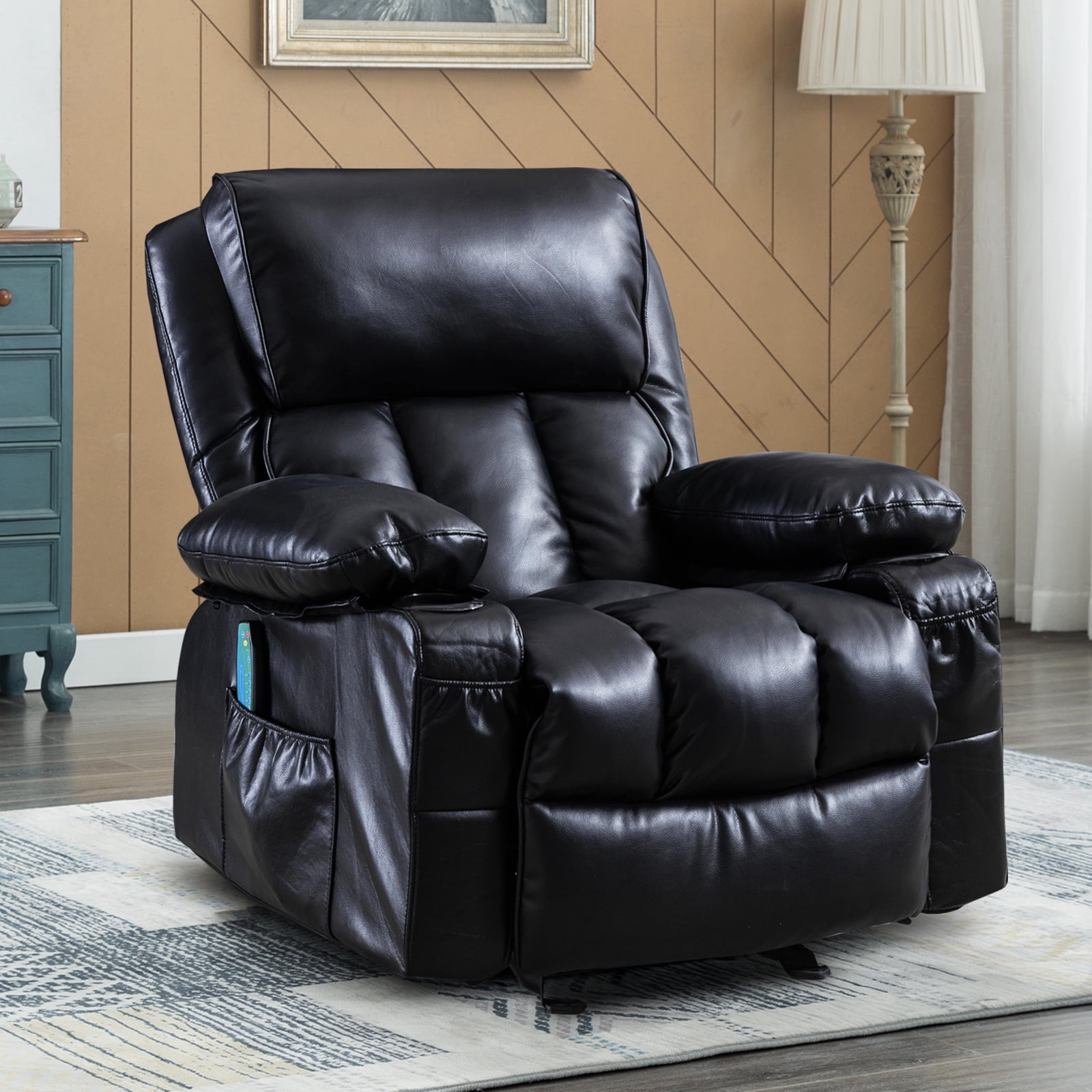 BTMWAY Heated Massage Recliner Chair, PU Leather Manual Recliner Couch with  Rocking Function, Cup Holder and Side Pocket, Ergonomic Reclining Sofa
