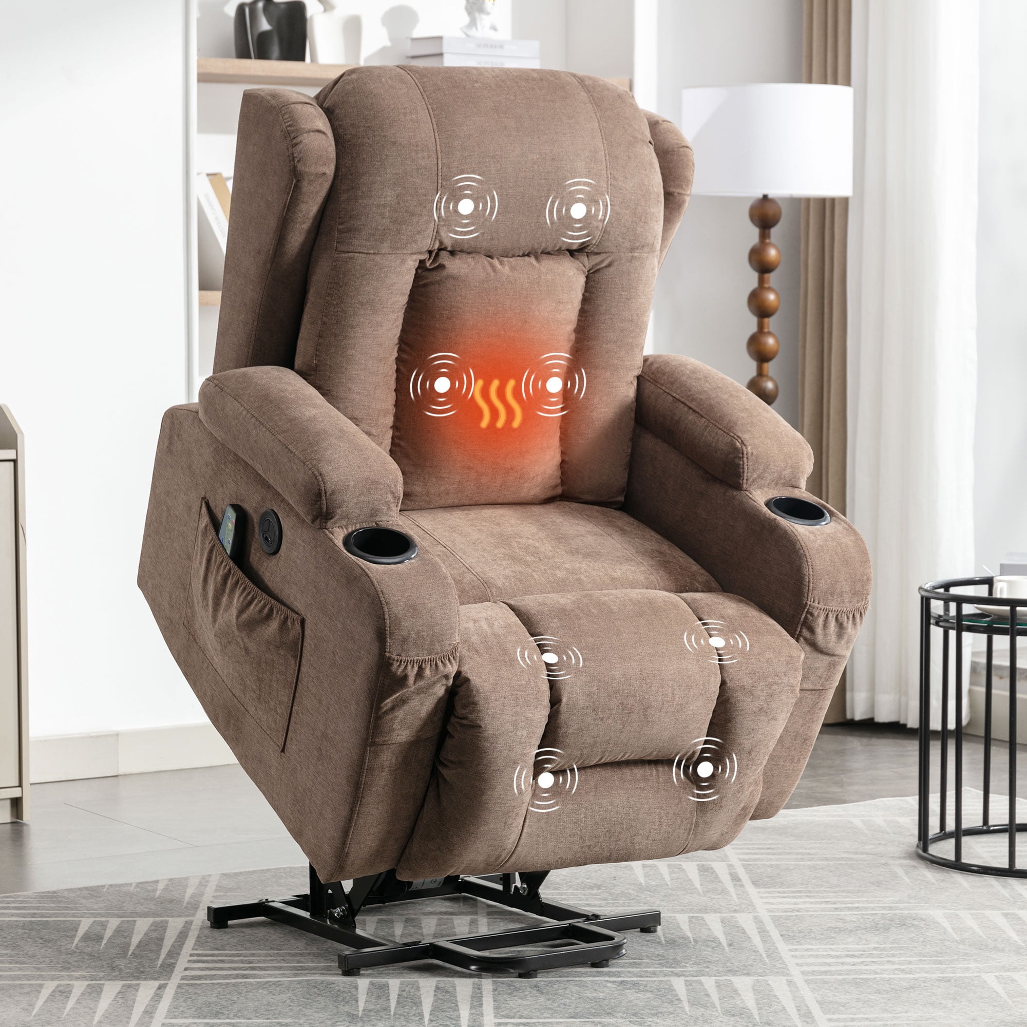 BTMWAY Lift Chairs for Elderly, Electric Massage Lift Recliner with Heating  and Vibration Functions, Heavy Duty Faux Leather Lounge Sofa with Cup