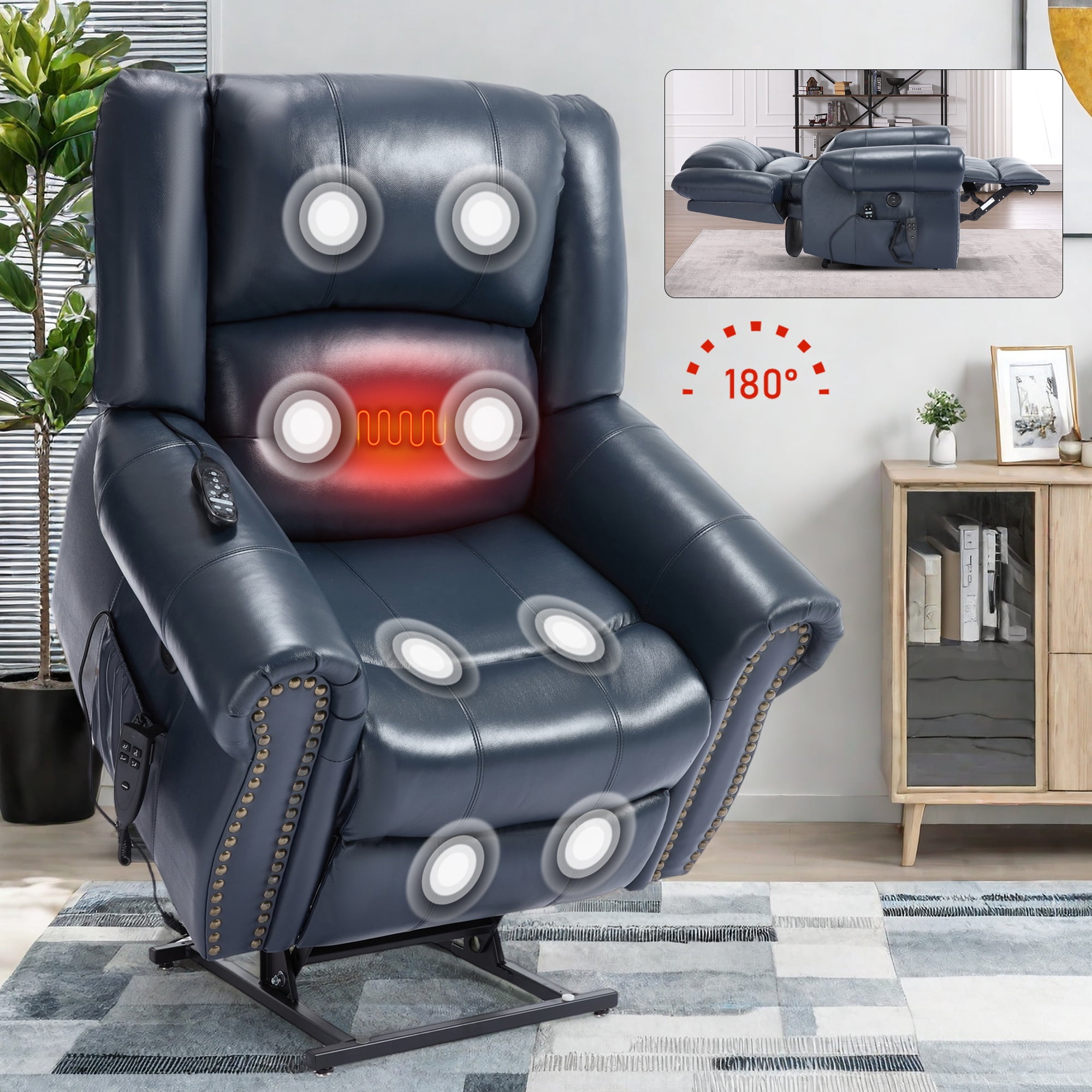 LEGAHOME Genuine Leather Power Lift Recliner Chair, Electric Infinite Position Lift Chair for Elderly with Heated and Massage, Reclining Sofa with USB Charging Port and Dual Motor, Blue