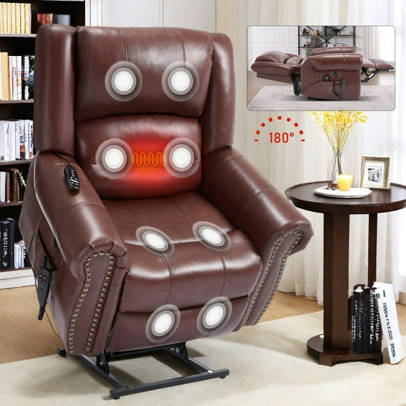 LEGAHOME Genuine Leather Power Lift Recliner Chair, Electric Infinite Position Lift Chair for Elderly with Heated and Massage, Reclining Sofa with USB Charging Port and Dual Motor, Red