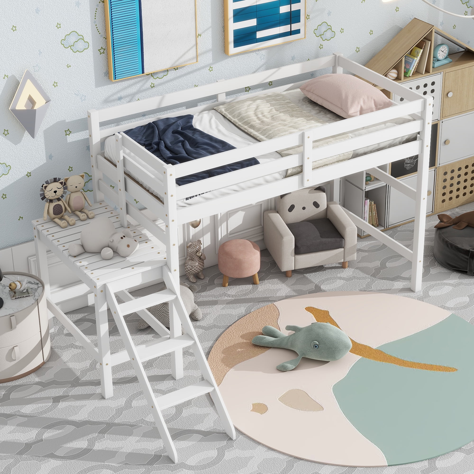 Legahome Loft Beds for Kids, Twin Wood Loft Bed with Platform, Ladder and 14 Wooden Slats, No ...