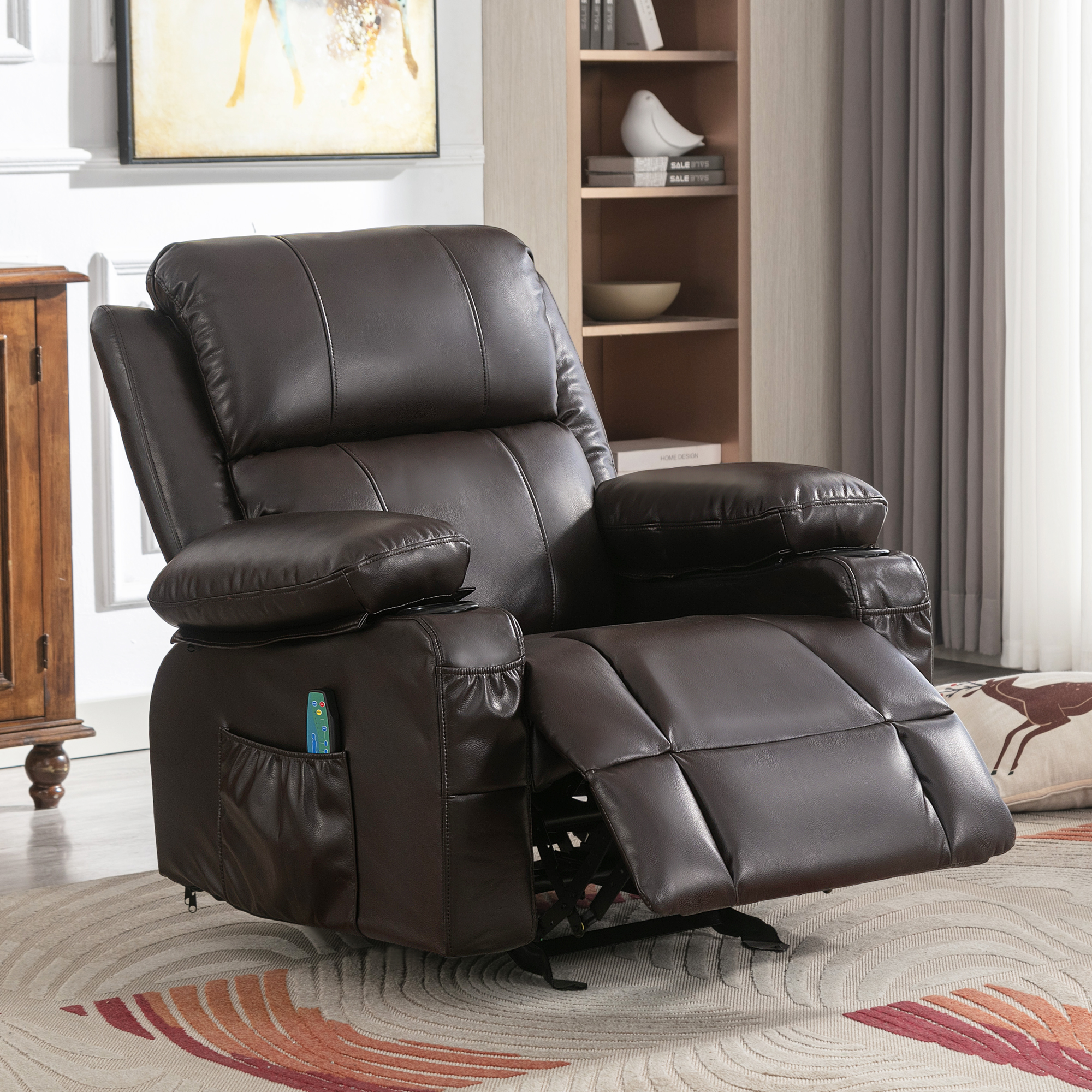 BTMWAY Massage Rocker Recliner, Faux Leather Manual Recliner Chair with