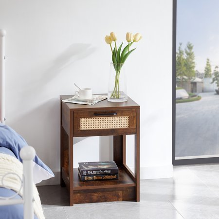BTMWAY Modern Nightstand for Bedroom, Solid Wood Night Stand with Storage Drawer and Bottom Shelf, Farmhouse Bedside Table End Table for Bedroom Living Room, Easy Assembly, Rustic Brown