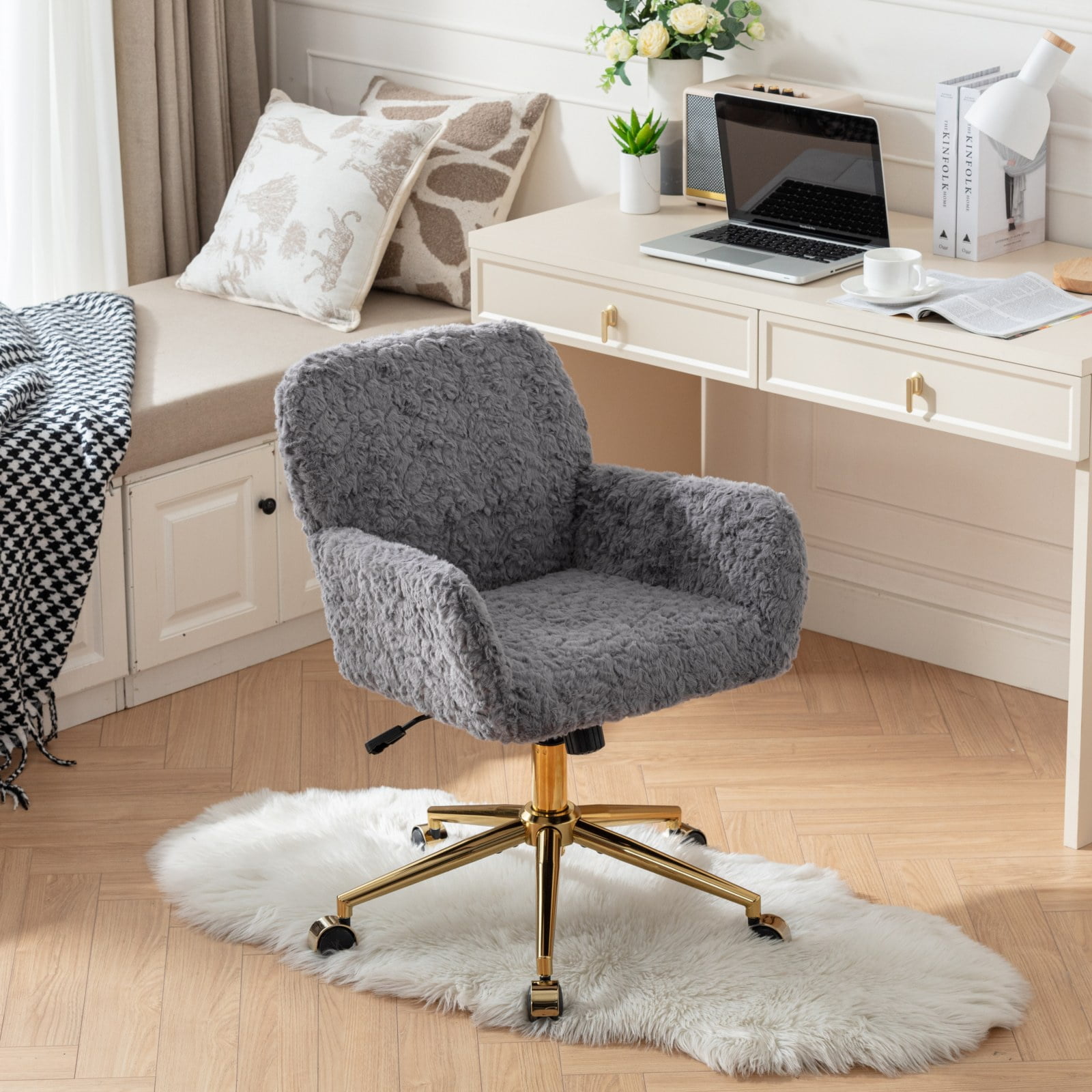 PAPROOS Office Chair, Velvet Upholstered Tufted Button Home Office Chair with Golden Metal Base, Adjustable Height, Swivel Ergonomic Task Chair, Luxury Desk Chair Computer Chair, Gray