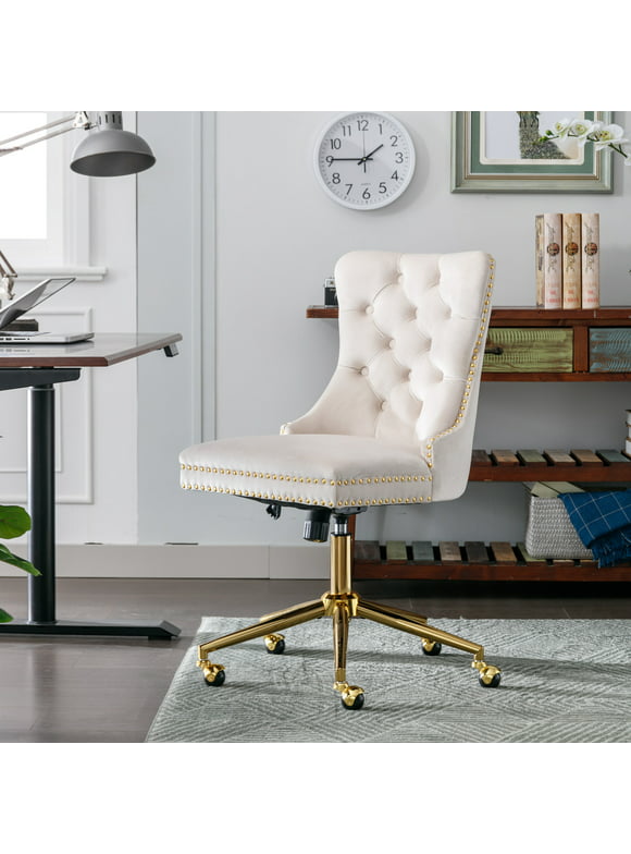 BTMWAY Office Chair, Velvet Upholstered Tufted Button Home Office Chair with Golden Metal Base, Adjustable Height, Swivel Ergonomic Task Chair, Luxury Desk Chair Computer Chair, Beige