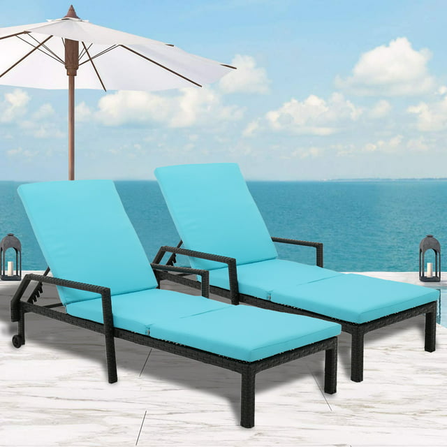 Outdoor Lounge Chair Set of 2, BTMWAY Adjustable Wicker Chaise Lounges for Patio, Outdoor PE Rattan Chaise Lounge Chairs with Blue Cushion and Wheels, Patio Furniture Recliner for Poolside Deck