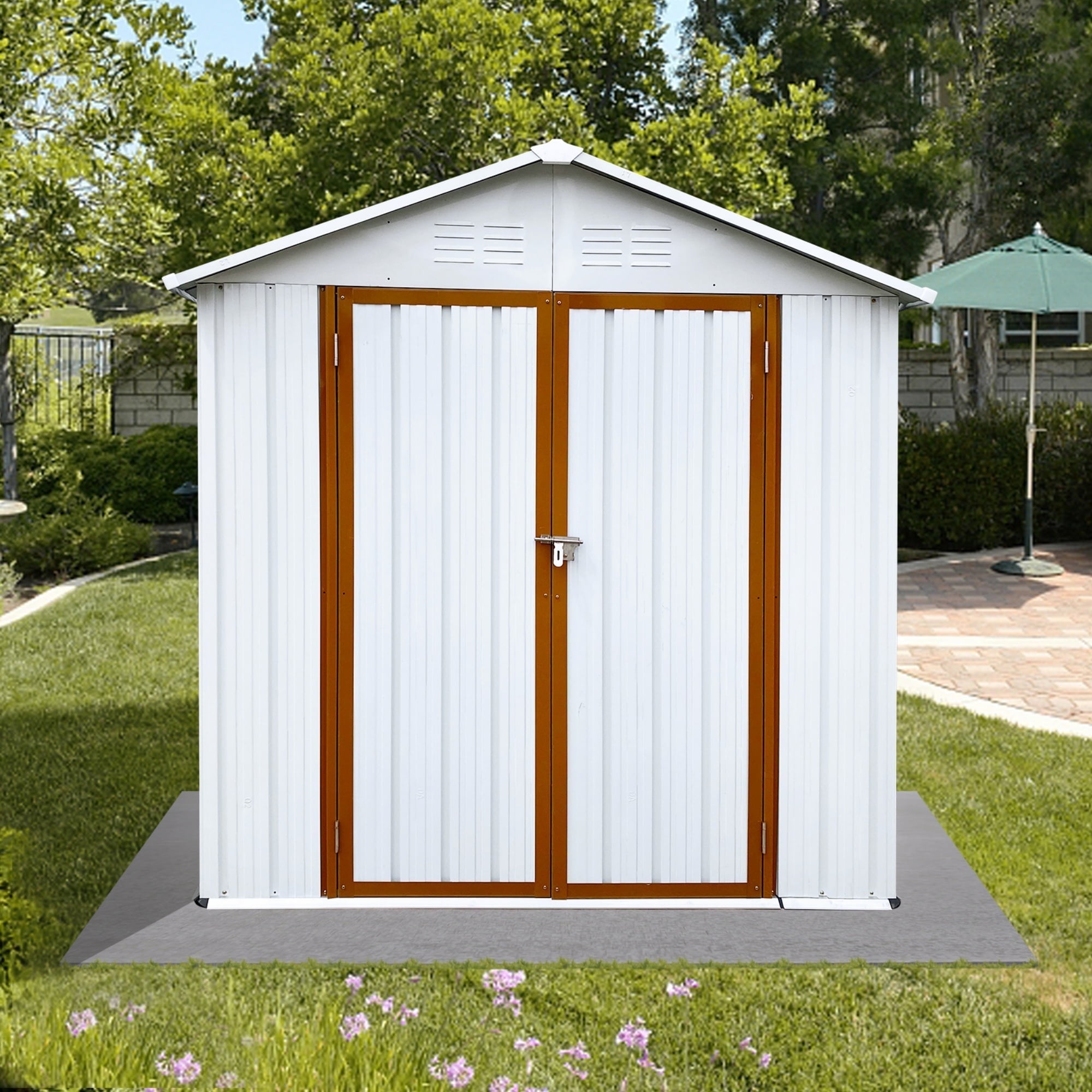 6×4 FT Outdoor Storage shed, Metal Shed with Sloping Roof and Lockable Door, Tool Shed for Bike, Toys, Backyard, Garden, Patio, White