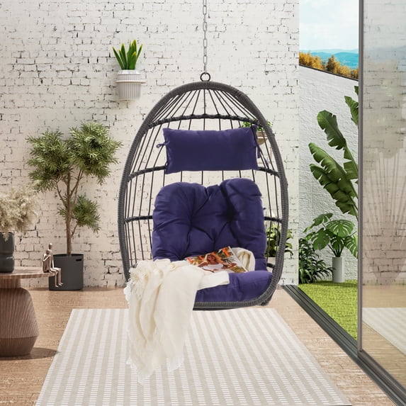 LEGAHOME Rattan Egg Swing Chair, Outdoor Wicker Hanging Chair with Removable Cushion, Folding Hammock Chair Hanging Basket Chair for Garden Porch Backyard, Dark Blue