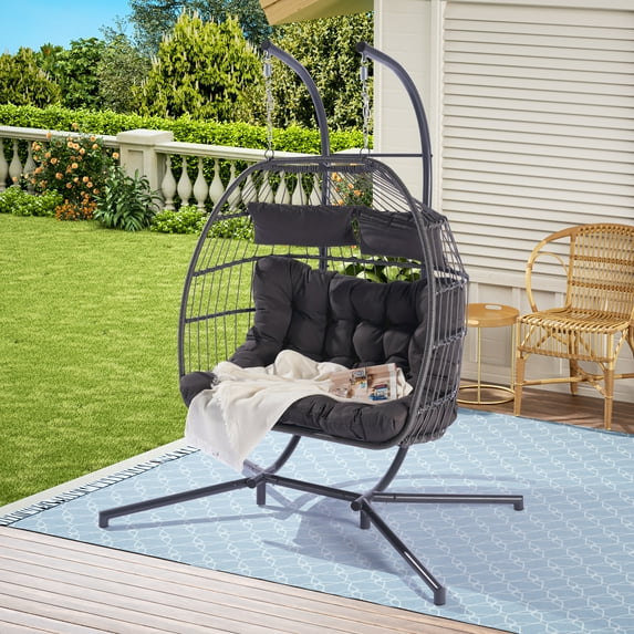 LEGAHOME Outdoor Wicker Egg Chairs with Stand, 2 Person Swing Chair, Heavy Duty Hammock Chair, Patio Hanging Basket Chair with Cushion, Outdoor Indoor Egg Chair for Kids Teens Adults, Dark Gray
