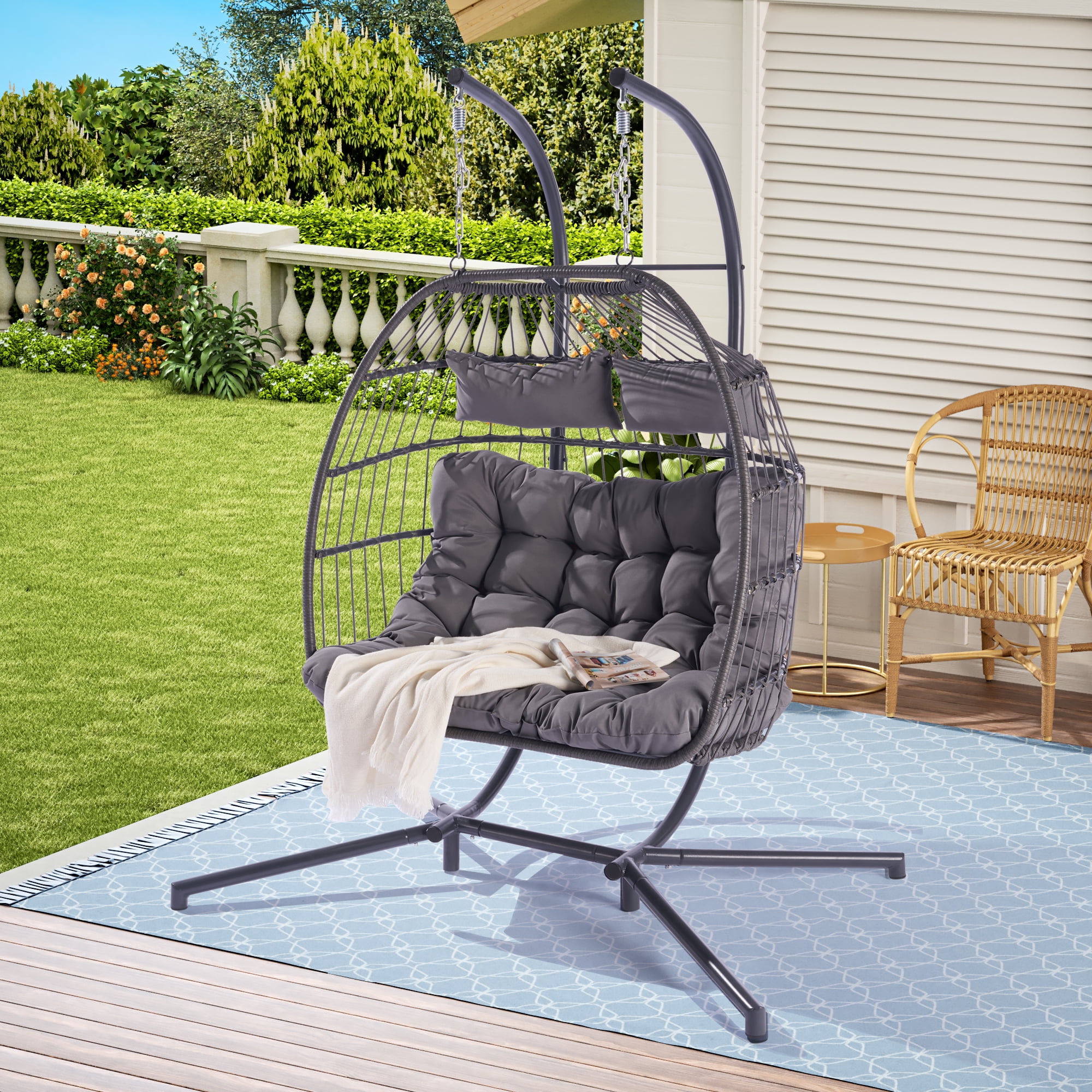 BTMWAY Double Rattan Outdoor Egg Chairs with Stand 2 Person Patio Swing Indoor Hammock Chair Set Walmart
