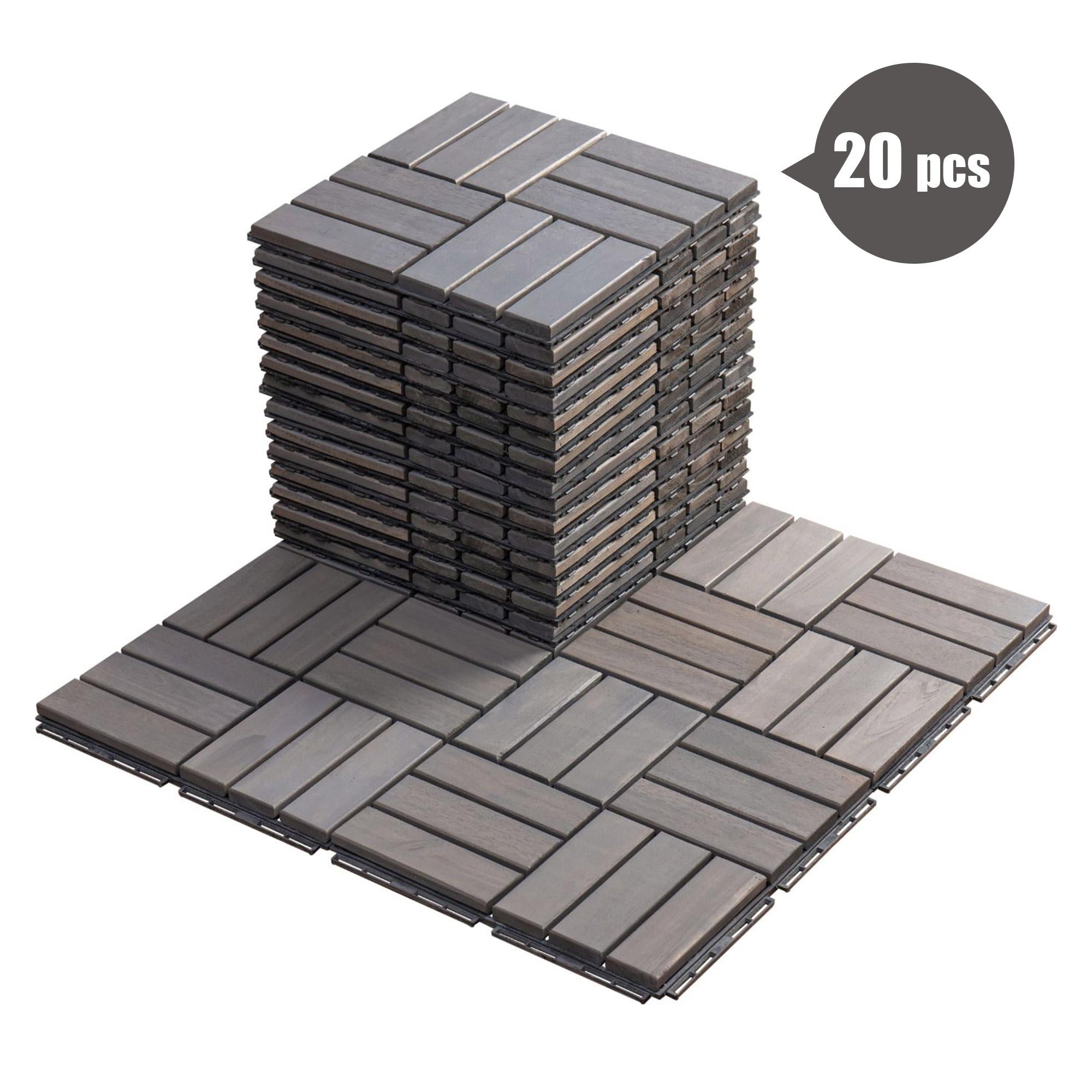 BTMWAY Outdoor Wood Interlocking Flooring Tiles, 12"x12" Solid Acacia Wood Patio Deck Tiles, All-Weather Waterproof Composite Decking Floor Tiles for Backyard Balcony, Square Tiles Pack of 20, Gray