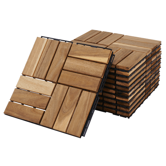 BTMWAY Outdoor Wood Interlocking Flooring Tiles, 12"x12" Solid Acacia Wood Patio Deck Tiles, All-Weather Waterproof Composite Decking Floor Tiles for Backyard Balcony, Square Tiles Pack of 30, Natural