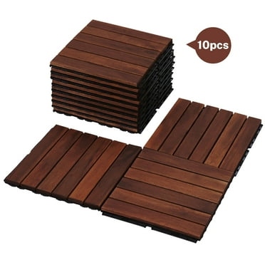 BTMWAY Outdoor Wood Interlocking Flooring Tiles, 12"x12" Solid Acacia Wood Patio Deck Tiles, All-Weather Waterproof Composite Decking Floor Tiles for Backyard Balcony, Square Tiles Pack of 10, Brown