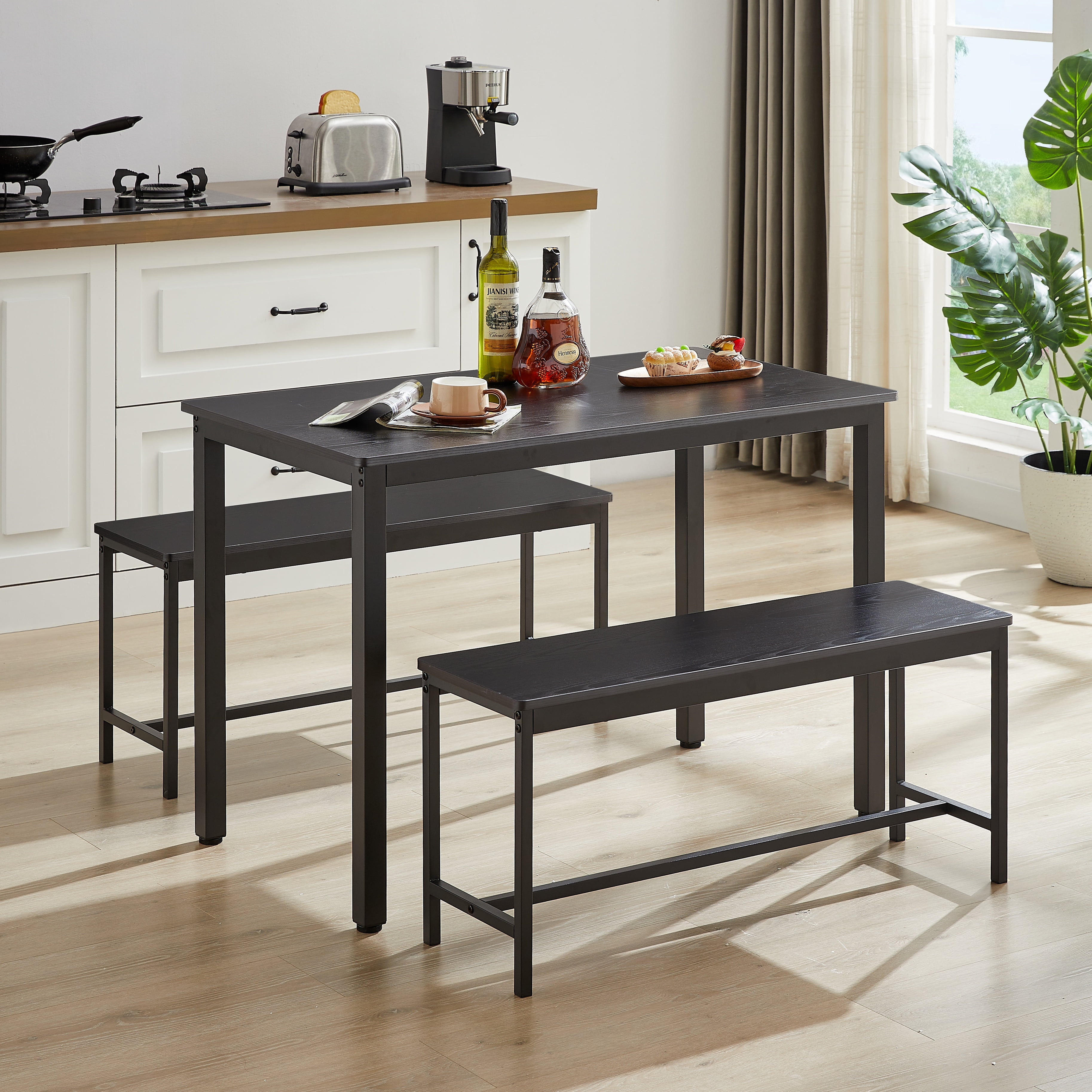 PORKISS Dining Table Set with 2 Benches, 3 Piece Wood Dining Room Table Set with Metal Frame, Industrial Style Dinette Set for Kitchen Breakfast Nook, Heavy Duty Dinner Table Set for 4, Black