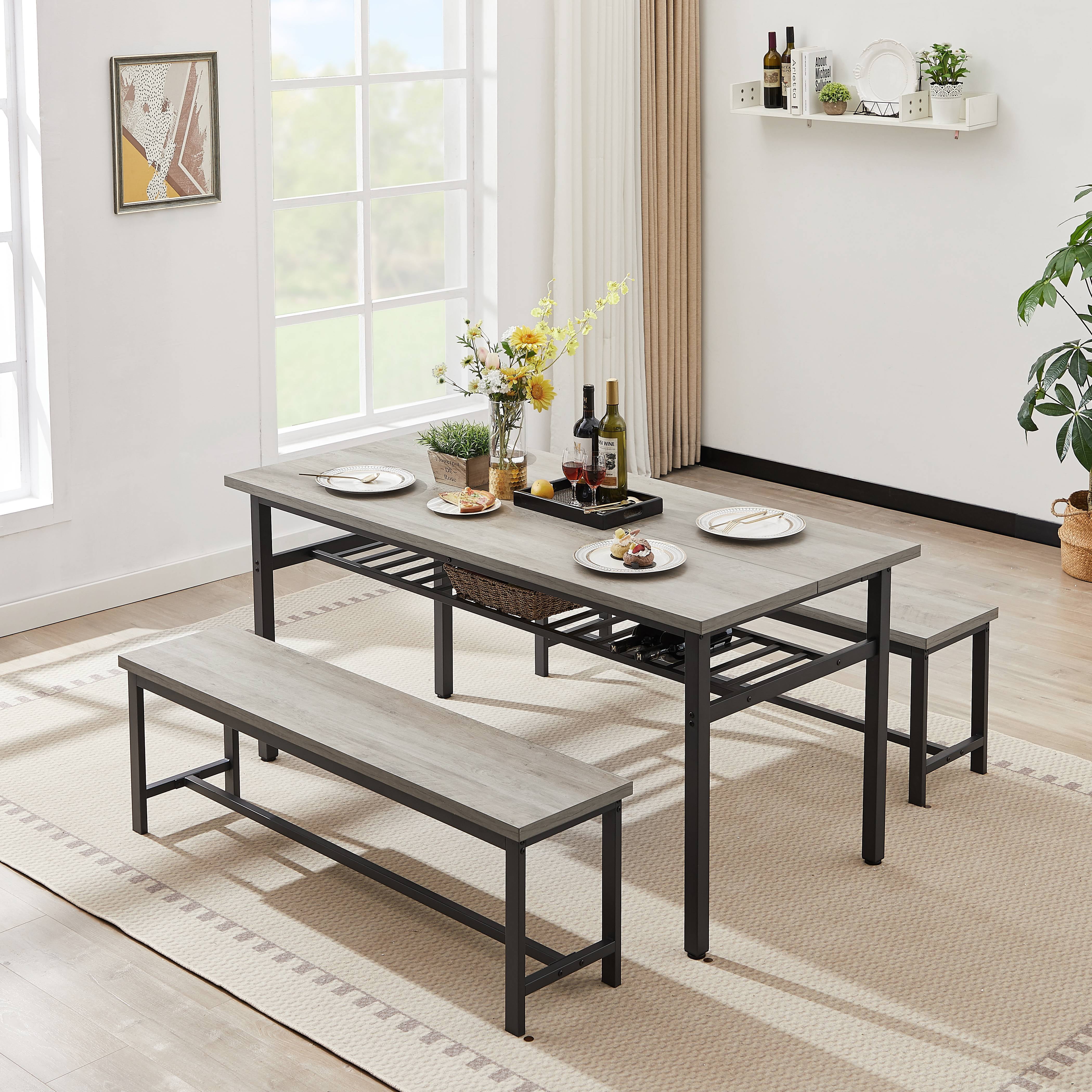 BTMWAY Oversized Dining Table Set with 2 Benches 3 Piece Wood Dining Room Table Set with Metal Frame Industrial Style Dinette Set for Kitchen