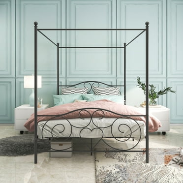 Metal Framed Canopy Platform Bed with Built-in Headboard,No Box Spring ...