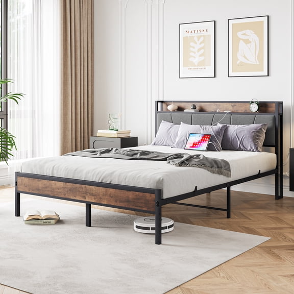 BTMWAY Queen Metal Platform Bed with Storage Headboard with Charging Station, Queen Size Bed Frame No Box Spring Needed, Heavy Duty Metal Bed for Teens Adults, 400lbs Capacity, Black