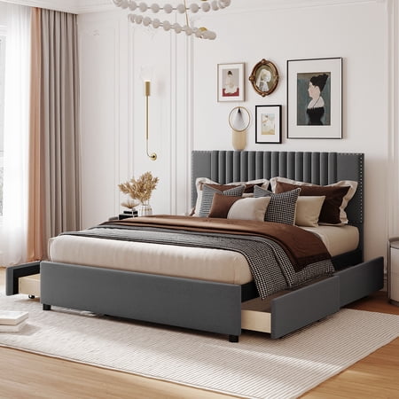 BTMWAY Queen Platform Bed Frame with Storage, Linen Fabric Upholstered Platform Bed with Classic Headboard and 4 Drawers, No Box Spring Needed, Queen Size Bed for Adults, Holds 500lbs, Gray