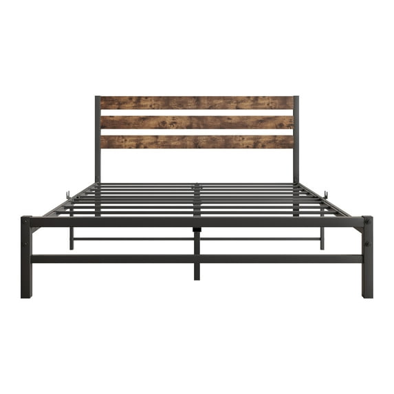 BTMWAY Queen Size Bed Frame, New Upgraded Metal Queen Platform Bed with Vintage Wood Headboard and Strong Metal Slats, Bedroom Platform Bed for Teens Adults, Holds 450lbs, No Box Spring Needed, Black
