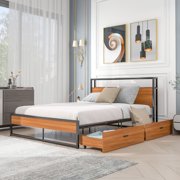 BTMWAY Queen Size Metal Platform Bed Frame with Wood Headboard, Queen Bed Frame with Drawers, Sockets, USB Ports and Slat Support, Queen Platform Bed No Box Spring Needed for Kids Teens Adults, Black