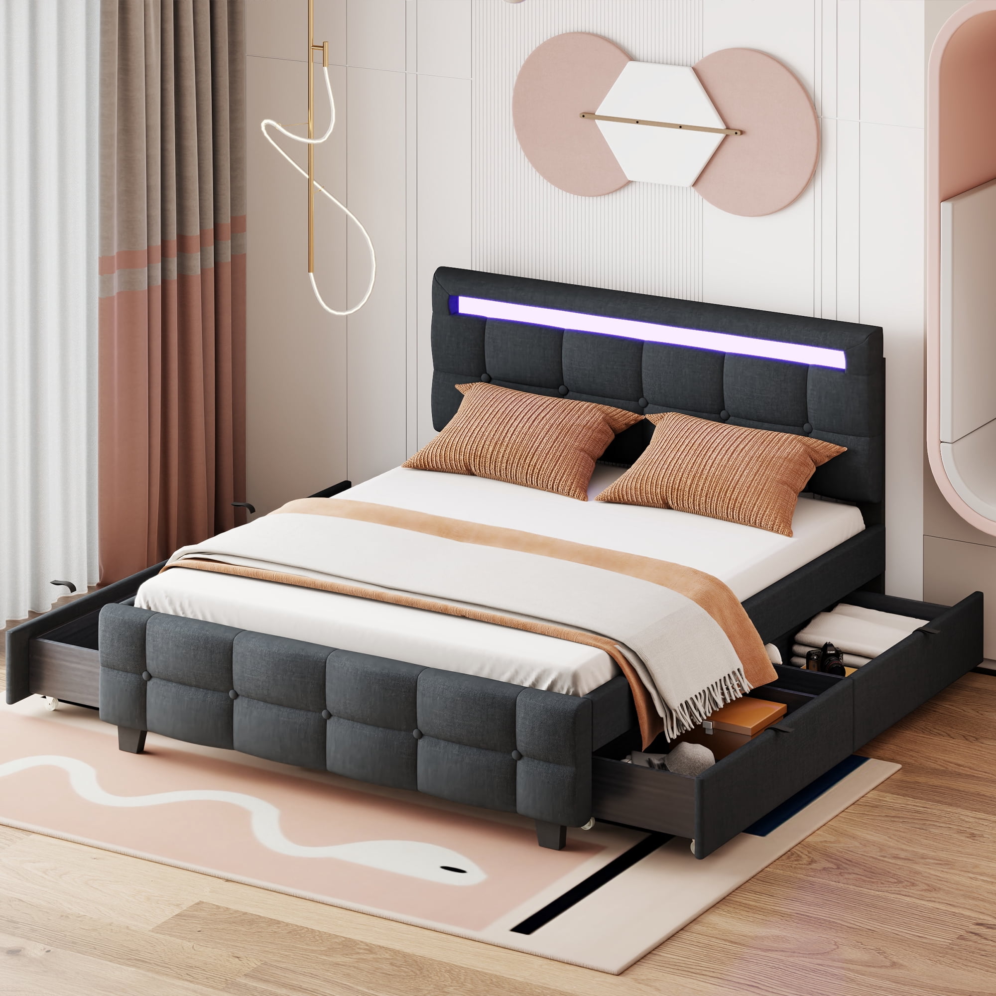 BTMWAY Queen Size Upholstered Platform Bed with LED Lights and 4 ...