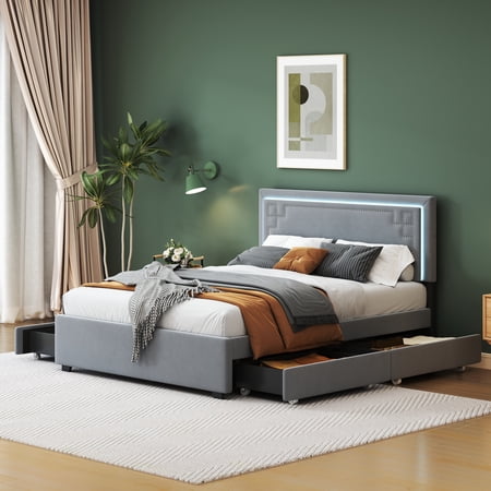 BTMWAY Queen Size Upholstered Platform Bed with LED Lights and 4 Storage Drawers, Velvet Fabric Queen Bed Frame with Rivet-decorated Headboard and Strong Wooden Slats, No Box Spring Needed, Gray