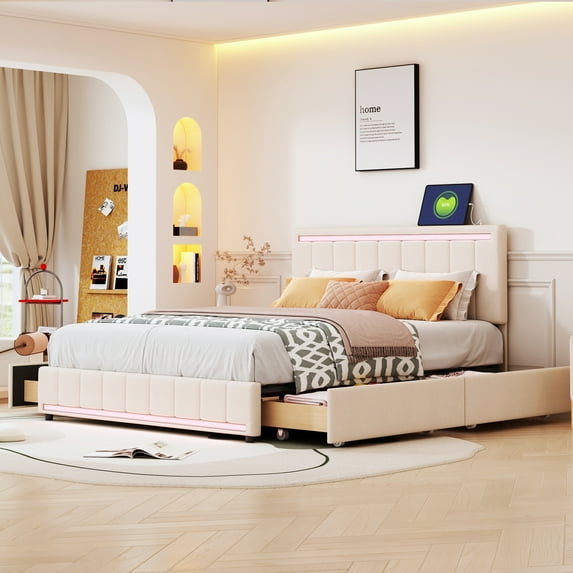 BTMWAY Queen Size Upholstered Platform Bed with LED Lights, Sockets and USB Charging Ports, Linen Fabric Queen Bed Frame with Headboard and 4 Storage Drawers, No Box Spring Needed, Beige