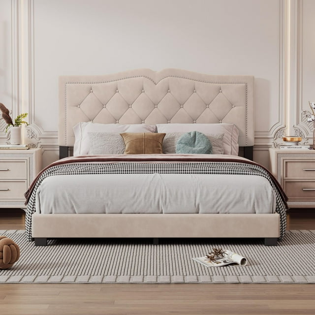 Queen Size Upholstered Platform Bed Frame With Adjustable Headboard - 1300 Lb Capacity, No Box Spring Needed