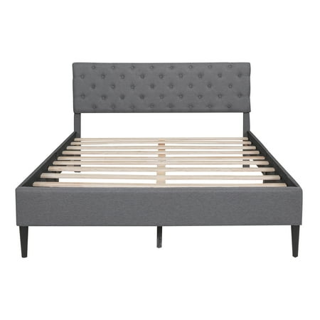 BTMWAY Queen Size Upholstered Platform Bed with Headboard and Wooden Slats, Bedroom Queen Bed Frame No Box Spring Needed, Gray