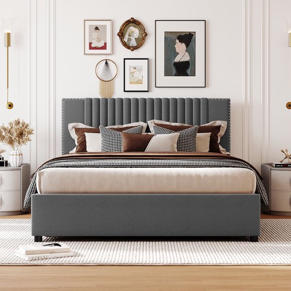 BTMWAY Queen Storage Bed Frame with 4 Drawers, Linen Fabric Upholstered Platform Bed with Classic Headboard, No Box Spring Needed, Queen Size Bed Frame for Adults, Holds 500lbs, Gray