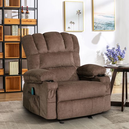 BTMWAY Recliner Chair, Manual Recliner Couch with Massage&Rocking Function and Heating System, Fabric Reclining Sofa with Cup Holder and Side Pocket, Ergonomic Massage Lounge Chair for Elderly, Brown