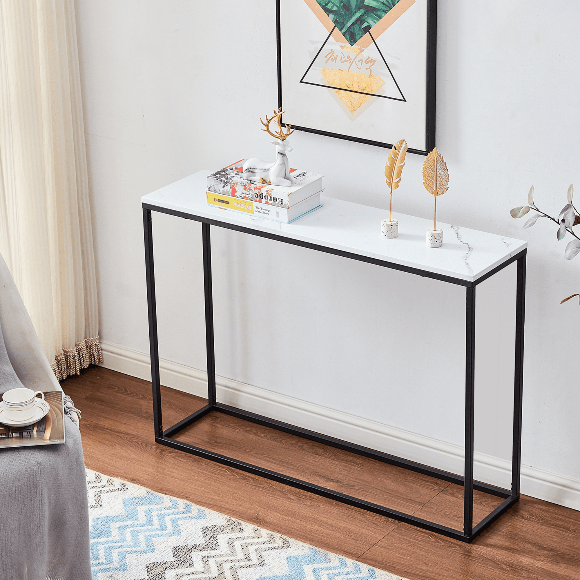BTMWAY Small Entryway Table with Marble Top & Metal Frame