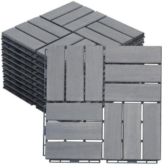 BTMWAY Solid Wood Patio Deck Tiles, Pack of 30, 12"x12" Square Interlocking Flooring Tiles, Acacia Wood Composite Decking Floor Tiles Indoor Outdoor, Floor Tile for Garden Poolside Backyard, Gray