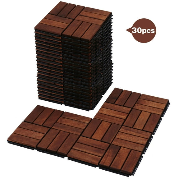 BTMWAY Solid Wood Patio Deck Tiles, Pack of 30, 12"x12" Square Interlocking Flooring Tiles, Acacia Wood Composite Decking Floor Tiles Indoor Outdoor, Floor Tile for Garden Poolside Backyard, Brown