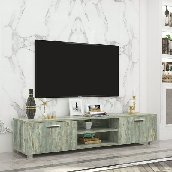BTMWAY TV Console for TVs up to 70 Inch, Farmhouse TV Stand with 2 Storage Cabinet and Shelves, Media Entertainment Center Television Table, TV Cabinet for Living Room, 63''x15.75''x13.78'' Gray