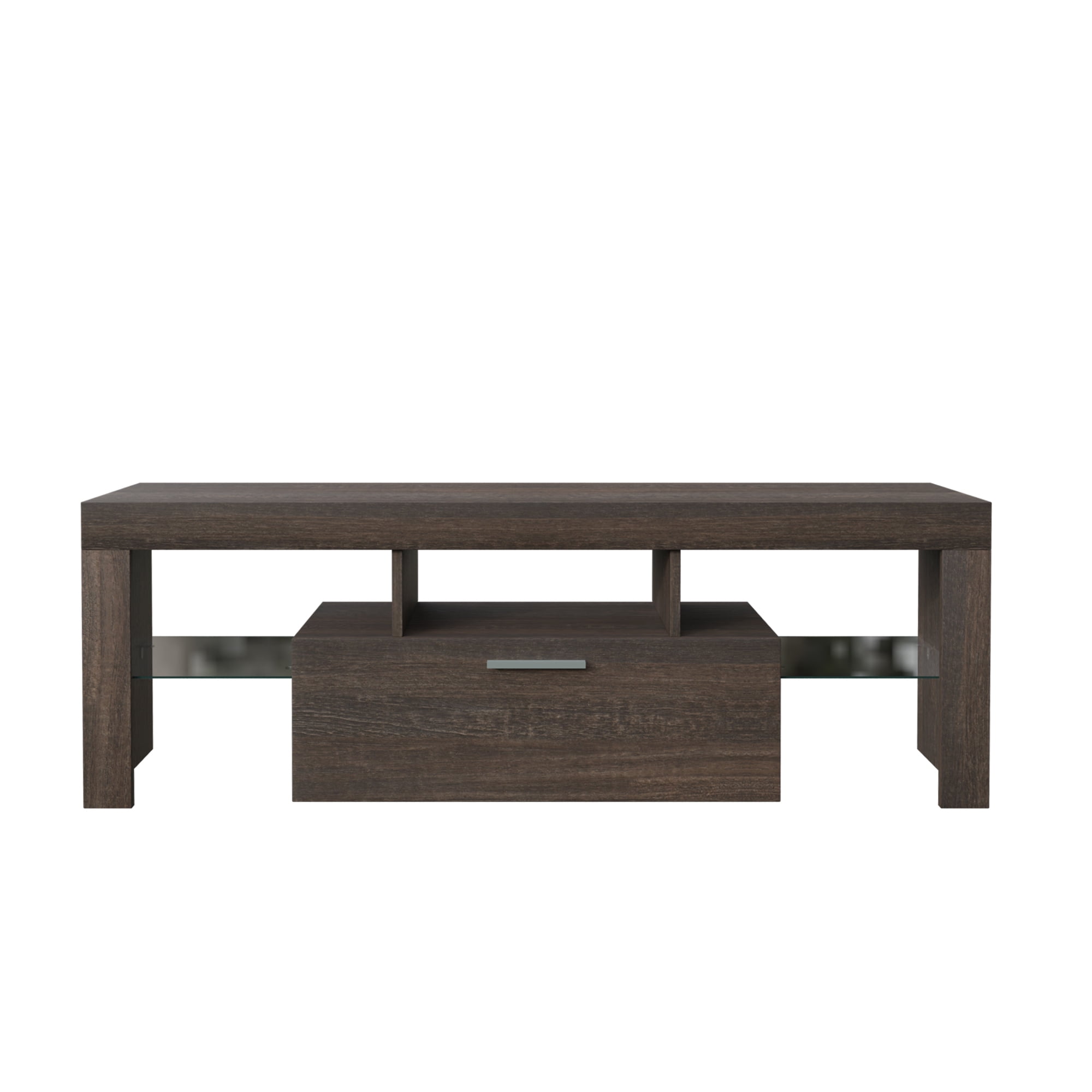 BTMWAY TV Stand for 55 Inch TV, Wooden TV with LED Lights, Storage Drawer and Glass