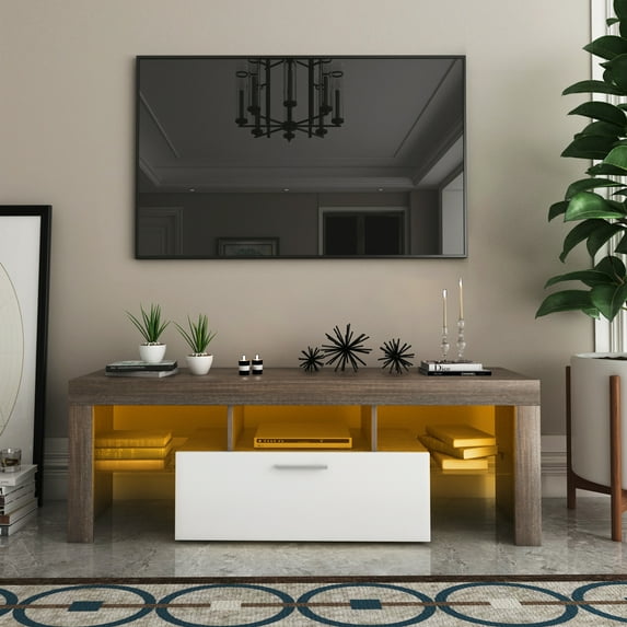 BTMWAY TV Stand for 55 Inch TV, Wooden TV Cabinet with LED Lights, Storage Drawer and Glass Shelves, Farmhouse Wood TV Console Table for Flat Screen Television, Entertainment Center, Brown&White