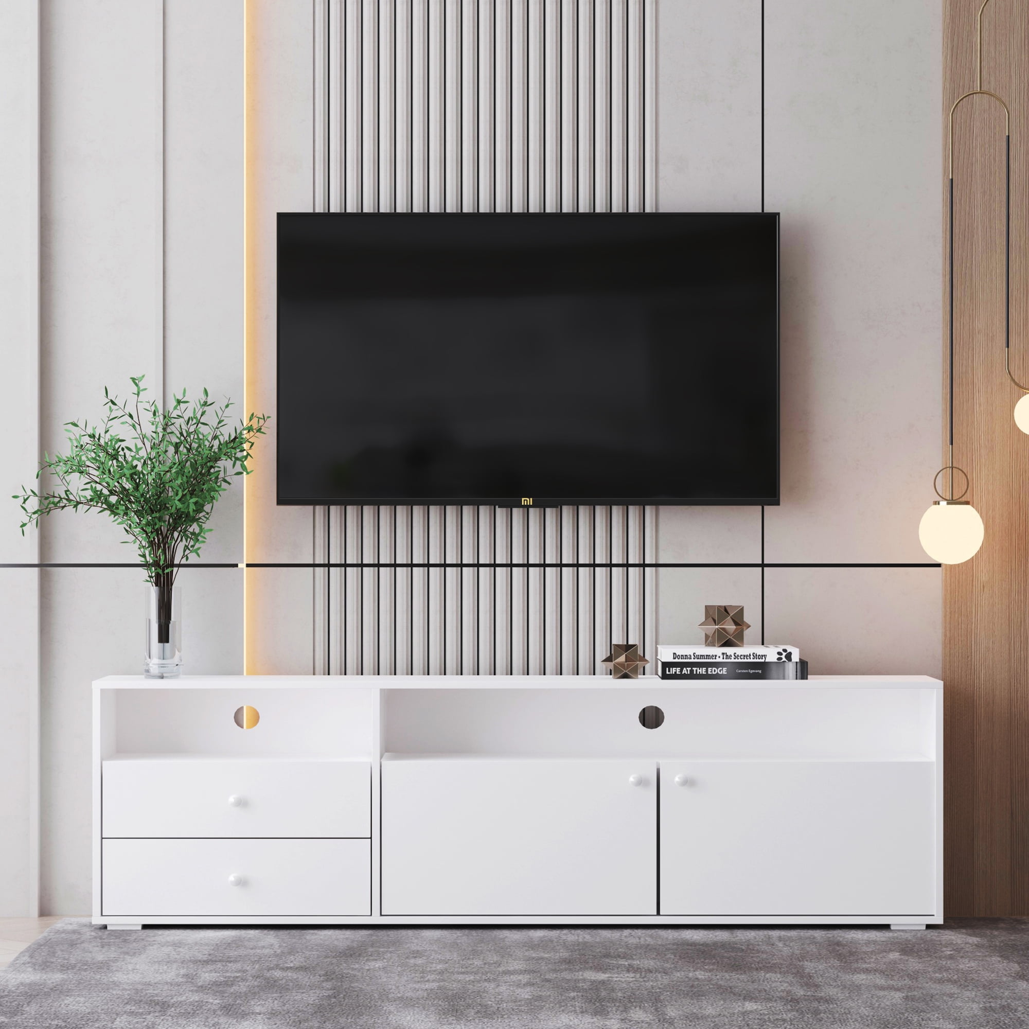 BTMWAY White TV Stand, Low Profile TV Entertainment Center