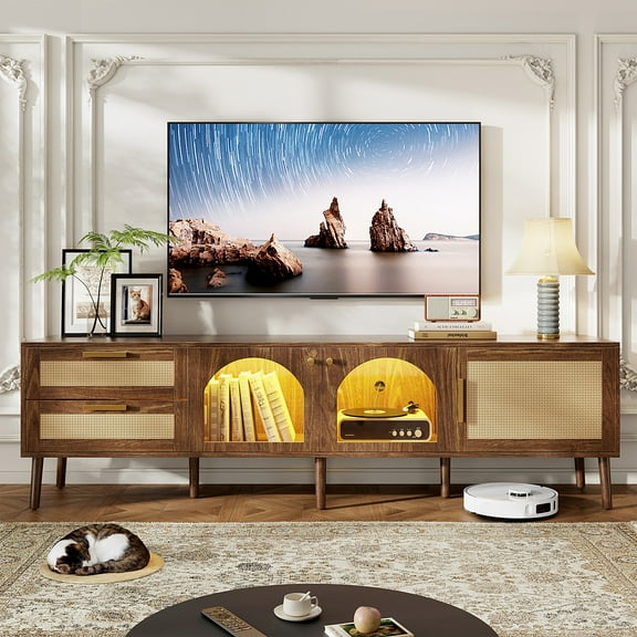 Rattan TV Stand for TVs up to 80", BTMWAY TV Stand with LED Lights, Modern Farmhouse Entertainment Center for TVs, TV Console Cabinet with Storage Drawer, Brown