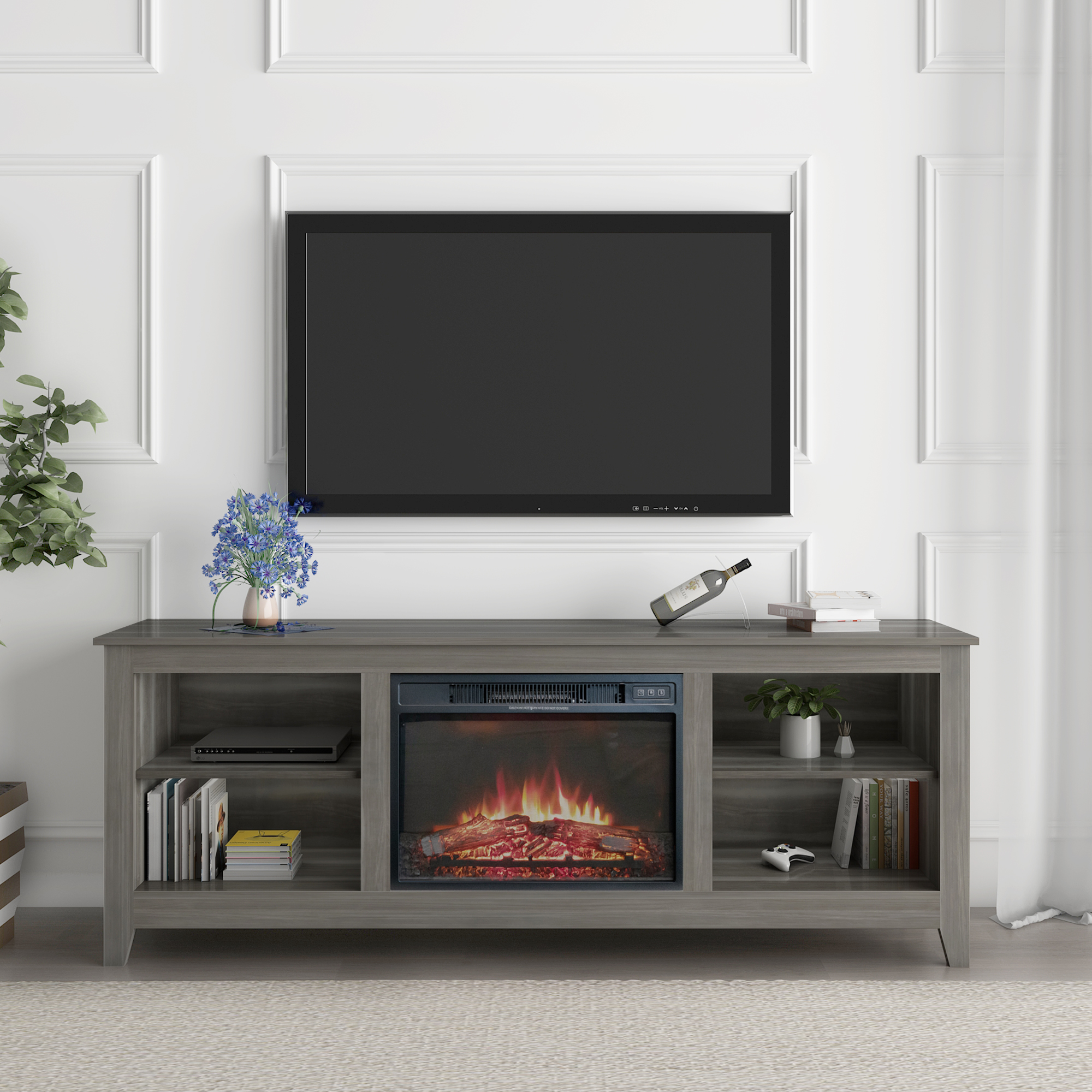 BTMWAY TV Stand with Fireplace for 70 Inch TV, Farmhouse Electric Fireplace TV Bedroom