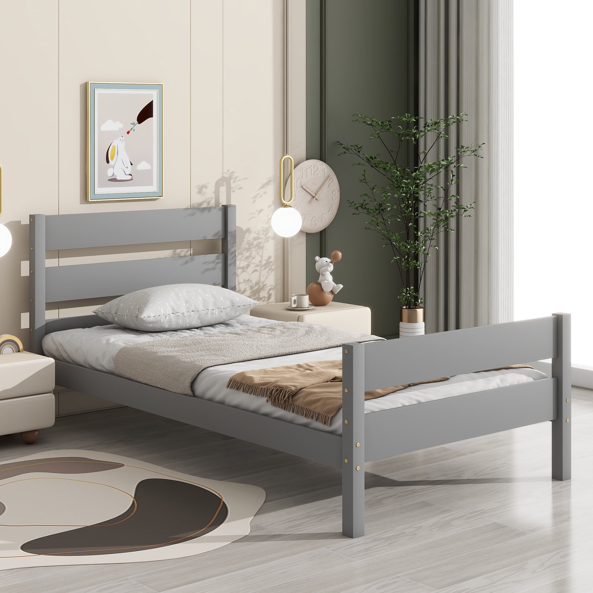 BTMWAY Twin Bed Frame with Headboard and Footboard Modern Wood Platform Bed Twin Bed Frame for Kids Teens Adults No Box Spring Needed Gray