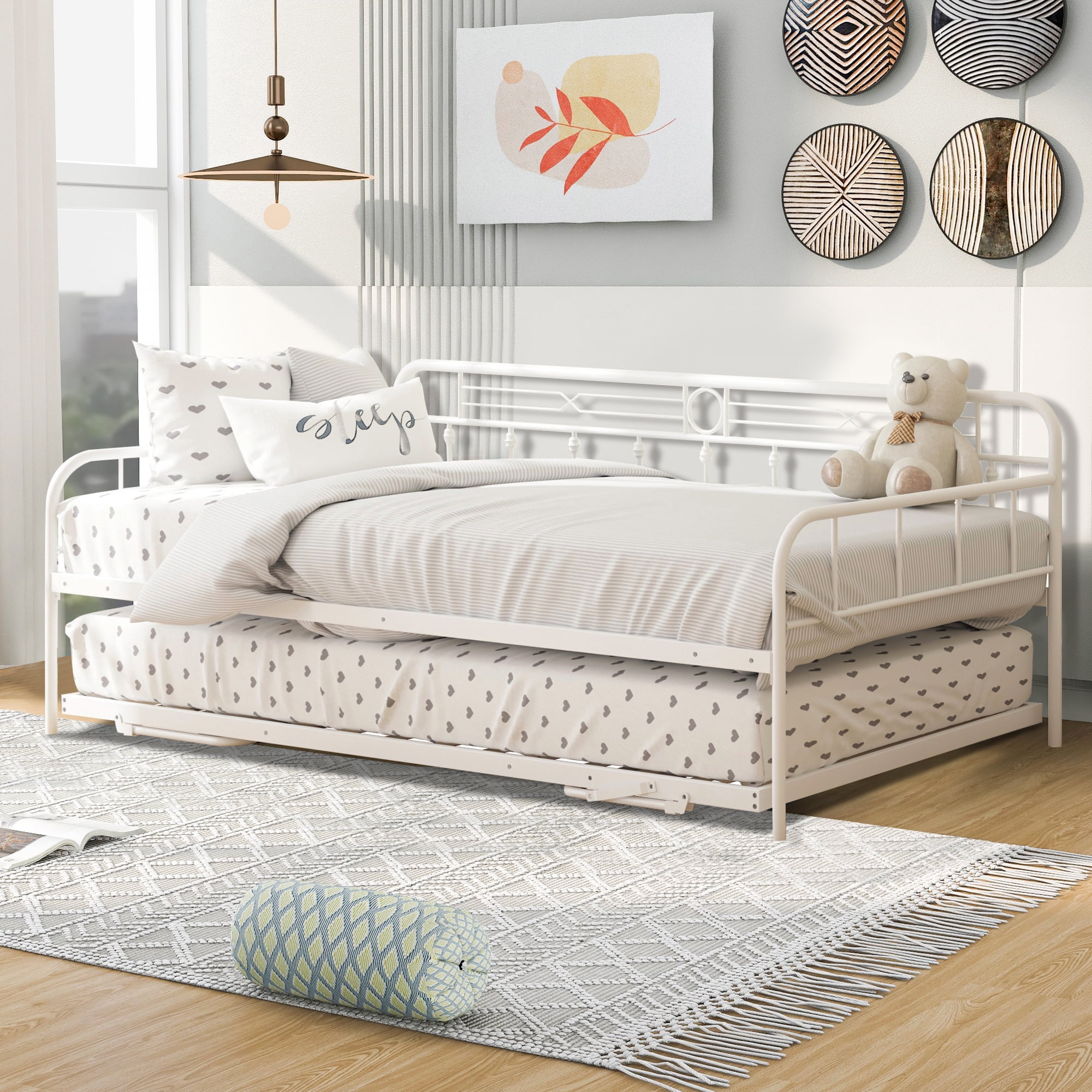 BTMWAY Twin Metal Daybed with Pop Up Trundle Bed Heavy Duty Steel Daybed for Bedroom Living Room Modern Twin Size Daybed Frame with Adjustable