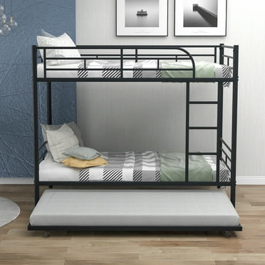 BTMWAY Twin Over Twin Bunk Bed with Trundle, Heavy Duty Metal Bunk Bed Frame with Strong Slats Support, Can be Divided into 2 Beds, Twin Size Bunk Bed for Kids Adult, No Box Spring Needed, Black