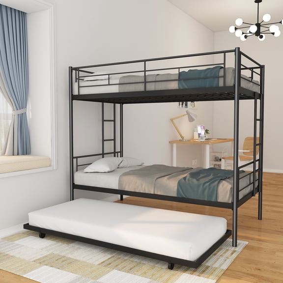 BTMWAY Twin Over Twin Bunk Bed with Trundle, Metal Bunk Beds Frame with 2 Side Ladders, Convertible Bunk Bed with Safety Guard Rails, No Box Spring Needed, Black